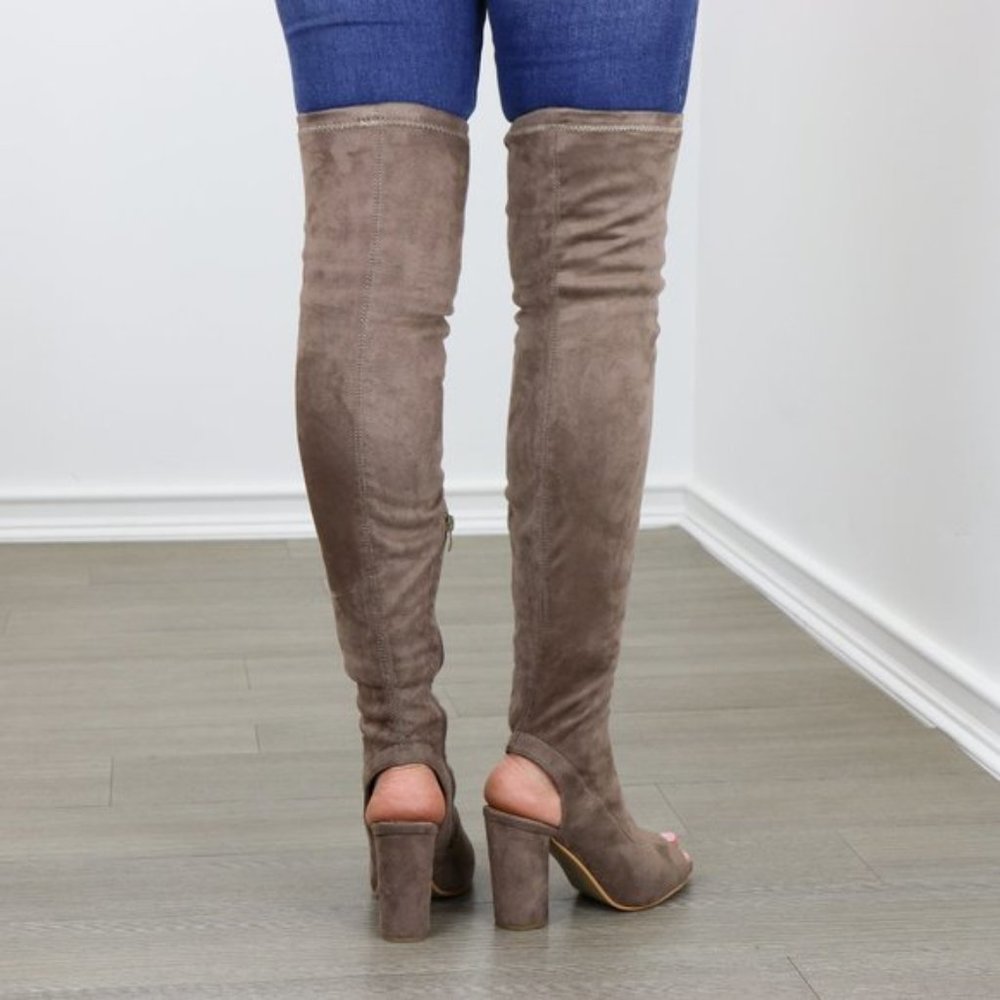 Suede Thigh High Peep Toe & Heel Chunky Heel Boot - Picture 3 of 8